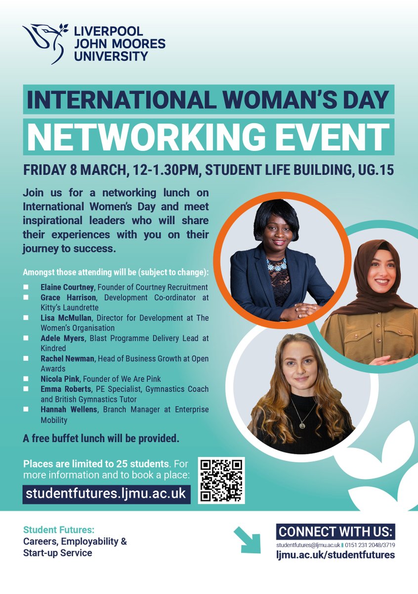 LJMU Student Futures team (@ljmucareers) on Twitter photo Part of #InternationalWomensDay2024, <a href="/LJMU/">Liverpool John Moores University</a> students are invited to a networking lunch to meet inspirational leaders who will share their experiences about their journey to success. Free buffet lunch provided
List of speakers & book (25 places available): bit.ly/3uVEa9w Part of #InternationalWomensDay2024, <a href="/LJMU/">Liverpool John Moores University</a> students are invited to a networking lunch to meet inspirational leaders who will share their experiences about their journey to success. Free buffet lunch provided
List of speakers & book (25 places available): bit.ly/3uVEa9w