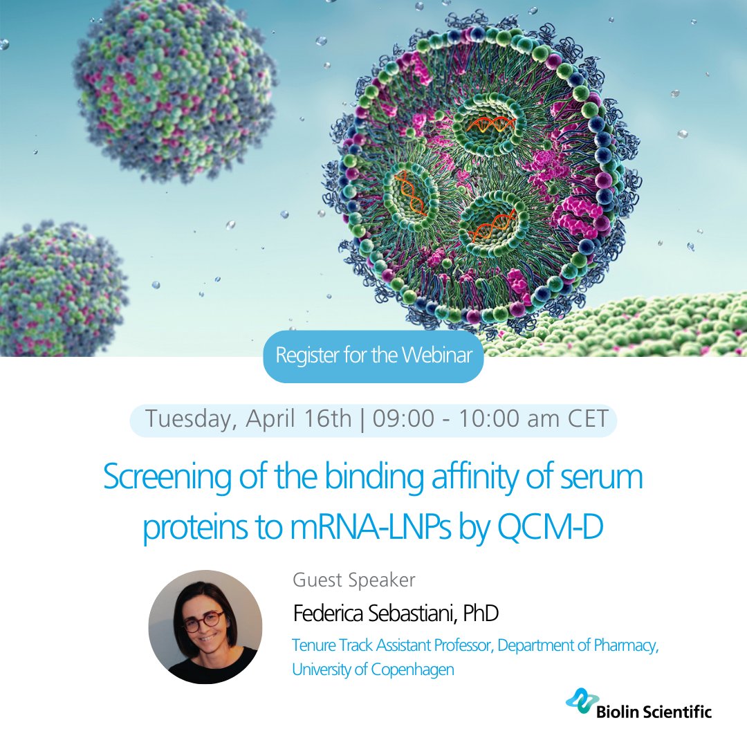 Webinar alert 🔔 Screening of the binding affinity of serum proteins to mRNA-LNPs by QCM-D with our guest speaker Federica Sebastiani. Join us on the 16th of April at 9 am. Read more and register today! - hubs.li/Q02n94dy0