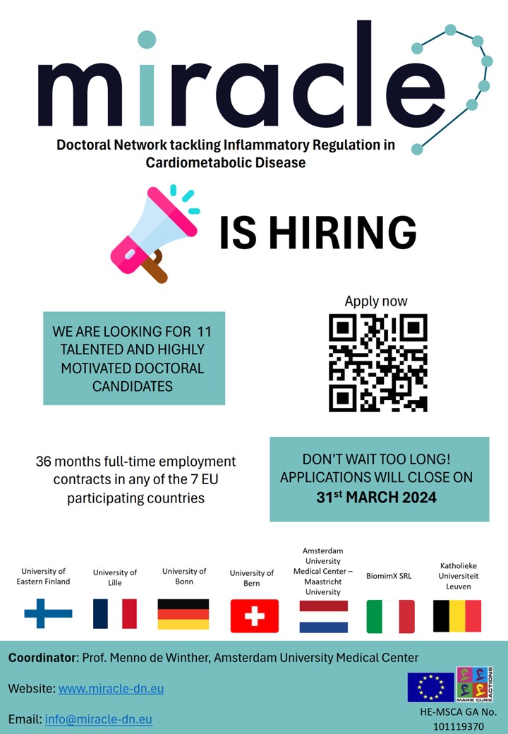 📢 WE ARE HIRING!  
We're looking for 11 highly motivated Doctoral Candidates to join the #HorizonEurope #MSCA network MIRACLE in the field of inflammatory regulation in cardiometabolic diseases.   
⚠️ Apply by 31 March 2024 17.00 CET ⚠️

#hiring #PhD #EURAXESS #MSCA #EU