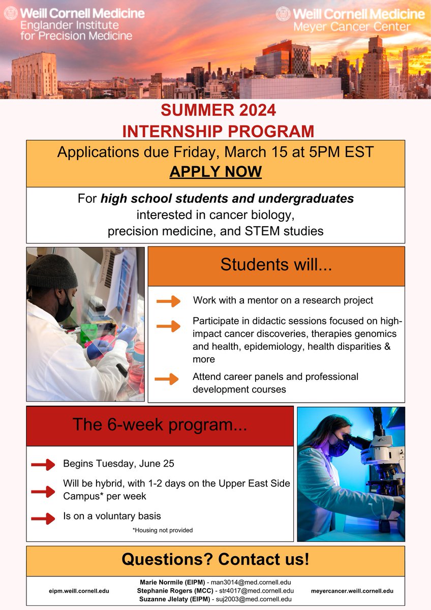 Calling all high school and undergrad students who are interested in research! Apply for the MCC and @WCMEnglanderIPM Summer Internship Program by March 15 for 6 weeks of mentored research. For more info: meyercancer.weill.cornell.edu/MCCSIP