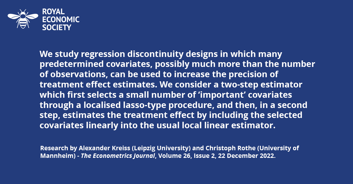 RoyalEconSoc's tweet photo. 📖FREE TO VIEW – The Econometrics Journal paper ‘Inference in regression discontinuity designs with high-dimensional covariates’.
Authors: Alexander Kreiss and @christoph_rothe
Read here👉https://t.co/N6PSxcNR2v
#EconTwitter #EctJ #research https://t.co/pS0brrtTMy