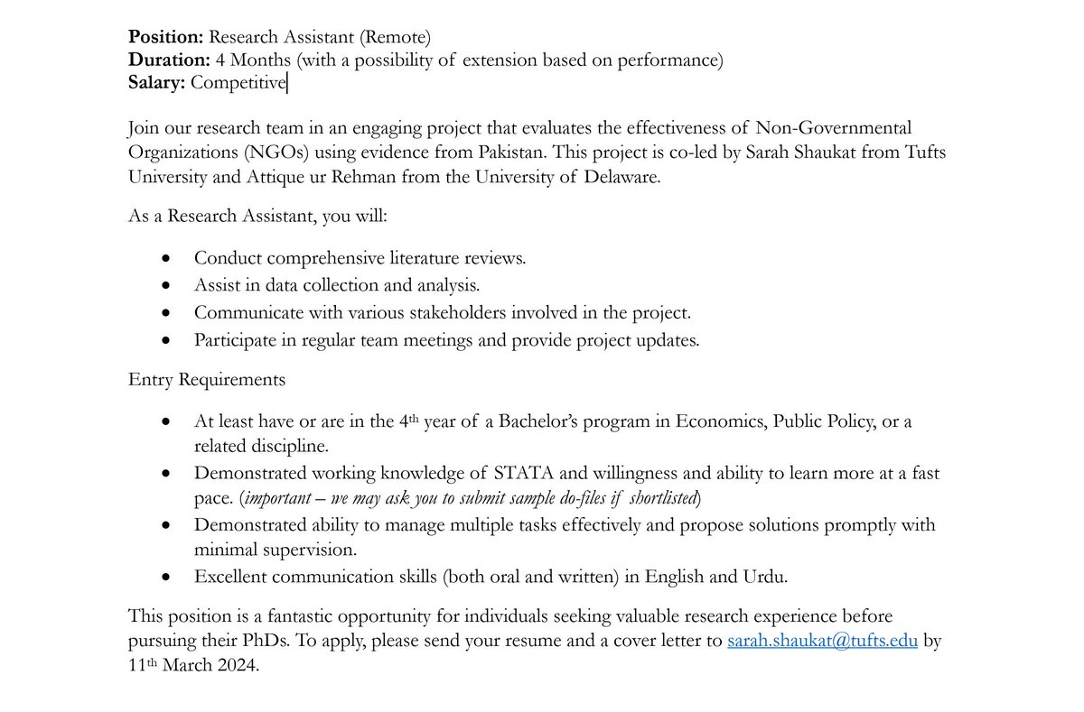 Attique_10's tweet image. Exciting opportunity!  @_sarahshaukat  and I are on the lookout for a Pakistan-based Research Assistant to join our project on evaluating NGO effectiveness. To apply, simply send your CV and a cover letter. More details 👇