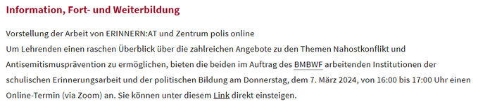 #IsraelEduTipps - Infos für Lehrkräfte in Österreich
Am 7. März, 16-17 Uhr, geben <a href="/Zentrum_polis/">Zentrum polis – Politik Lernen in der Schule</a>
und ERINNERN:AT [<a href="/OeAD_worldwide/">OeAD</a>] einen Überblick über ihre Angebote zu den Themen #Nahostkonflikt und #Antisemitismus-Prävention.
Zoom-Link und mehr ℹ️: bmbwf.gv.at/Themen/schule/… #twlz