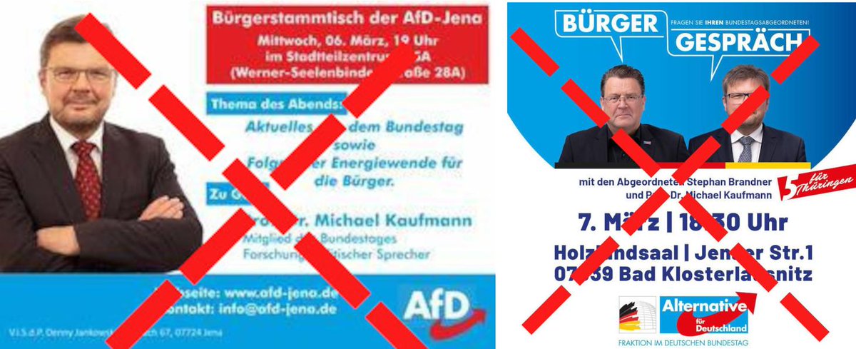Morgen (6.3.) ist die #NoAfD erneut im Stadtteilzentrum LISA in #Jena-#Lobeda-West zu Gast.
Am Donnerstag macht Kaufmann dann zusammen mit Stephan Brandner weiter in #BadKloserlausnitz im Holzlandsaal. Hier ist  ab 17.30 Uhr Gegenprotest angekündigt.