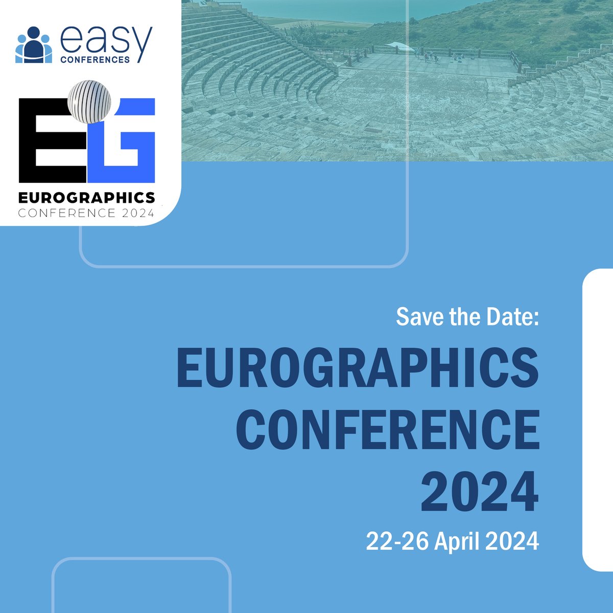 The 45th Annual Conference of the
European Association for Computer Graphics will take
place on April 22-26 in #Cyprus. It is
organized by @CYENSCoE  in collaboration with
@UCYOfficial  and @cyunitech
@cyprusuniversitytech. EasyConferences is the Coordinator.

#EuroGraphics2024