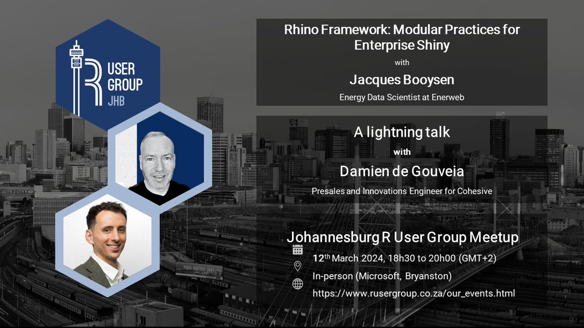 JHBRUserGroup's tweet photo. Join us on the 12th March 2024 as Jacques Booysen will discuss "Rhino Framework: Modular Enterprise Practices for Shiny," and Damien de Gouveia will give a brief talk on his experiences with the R ecosystem. More info and RSVP: https://t.co/8S0svg67NN #rstats #rstatsjozi https://t.co/NuxaGyJnQ8