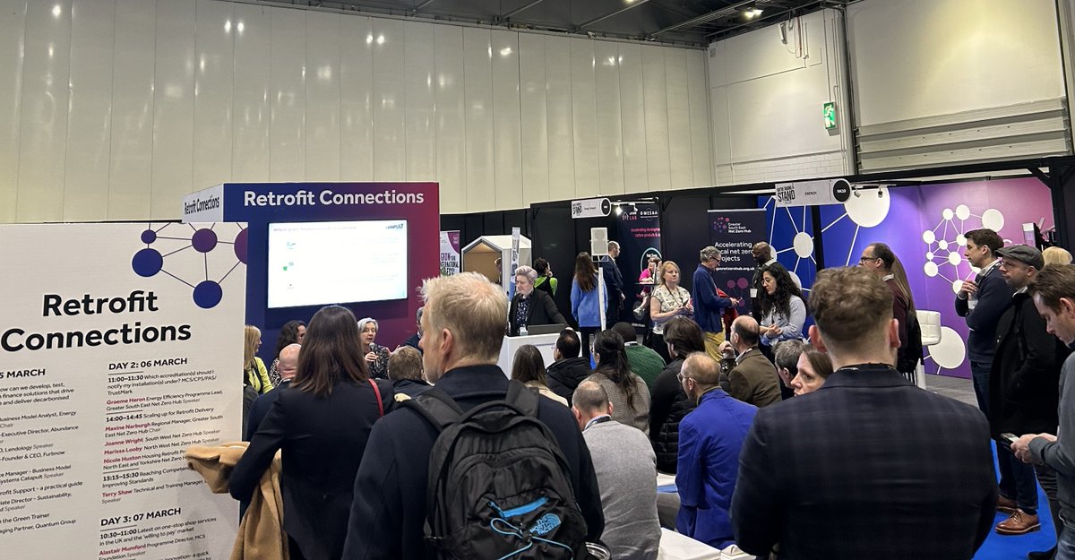 We are at Futurebuild, ExCeL London this week, 5-7 March 2024, to promote the #decarbonisation of homes. Visit our #Retrofit Connections pavilion at stands NK5 & NK6. There was standing room only today at our seminar on green finance! Full programme here: futurebuild.co.uk/knowledge-prog…