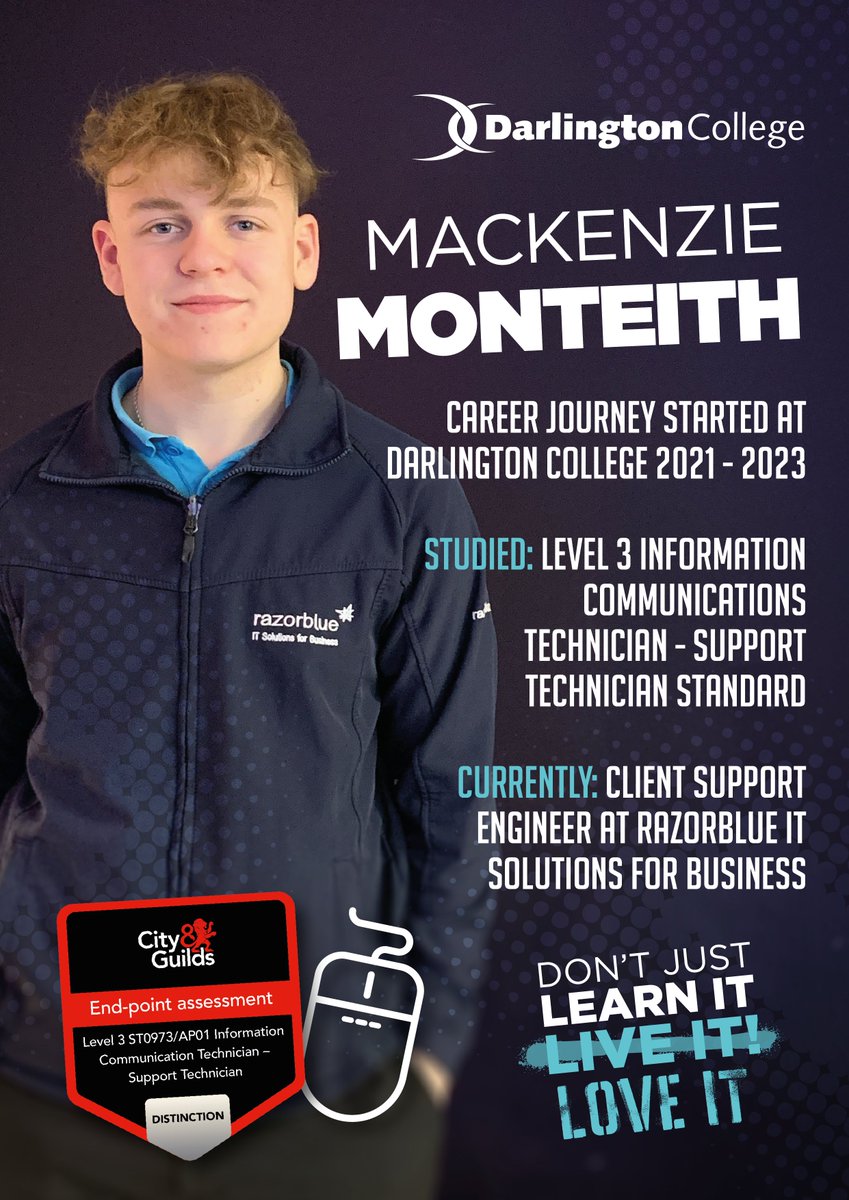 A shout out to success as Mackenzie Monteith took the journey from Level 3 Information Communications Technician apprenticeship to Client Support Engineer with razorblue IT solutions based in Catterick, a leading provider of IT managed services #DontJustLearnItLiveIt