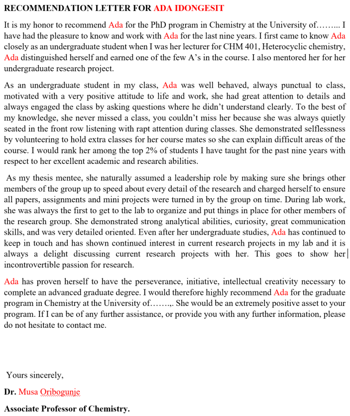 Oludeewon's tweet photo. RECOMMENDATION LETTER SAMPLE

This is a sample recommendation letter from someone who just got a fully-funded scholarship and study visa in the USA🇺🇸 for a Ph.D. in Chemistry.

This letter contains almost everything in a good recommendation sample.

RT and Tag your friends. https://t.co/j0DovaJv0a