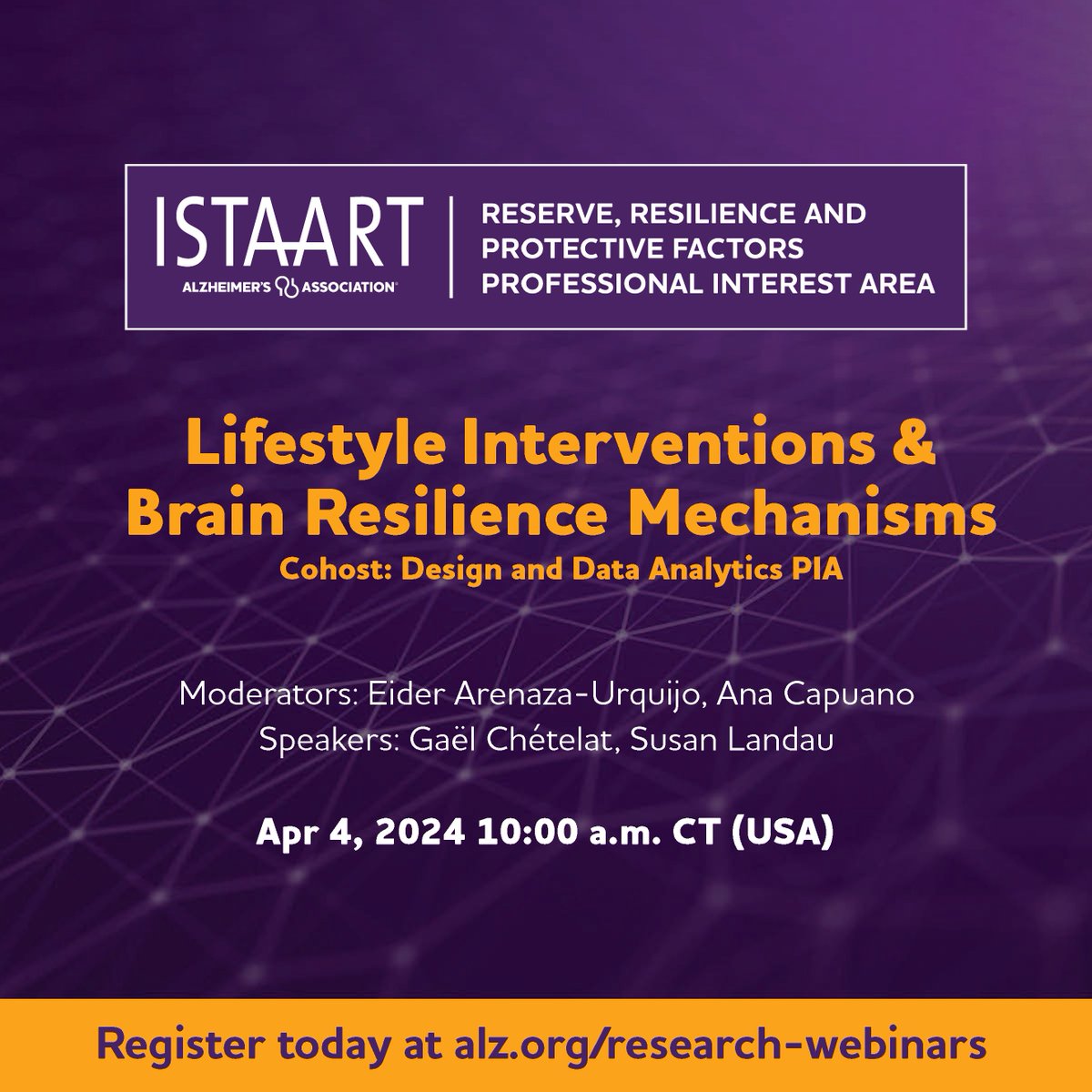 🚨 WEBINAR ALERT Join the @DesignDataPIA and the @ReservePIA to dive into the effects of lifestyle interventions on brain health in aging. Data will be shared on MEDITAGEING and on the neuroimaging study of USPOINTER. To register for the live event alz-org.zoom.us/webinar/regist…