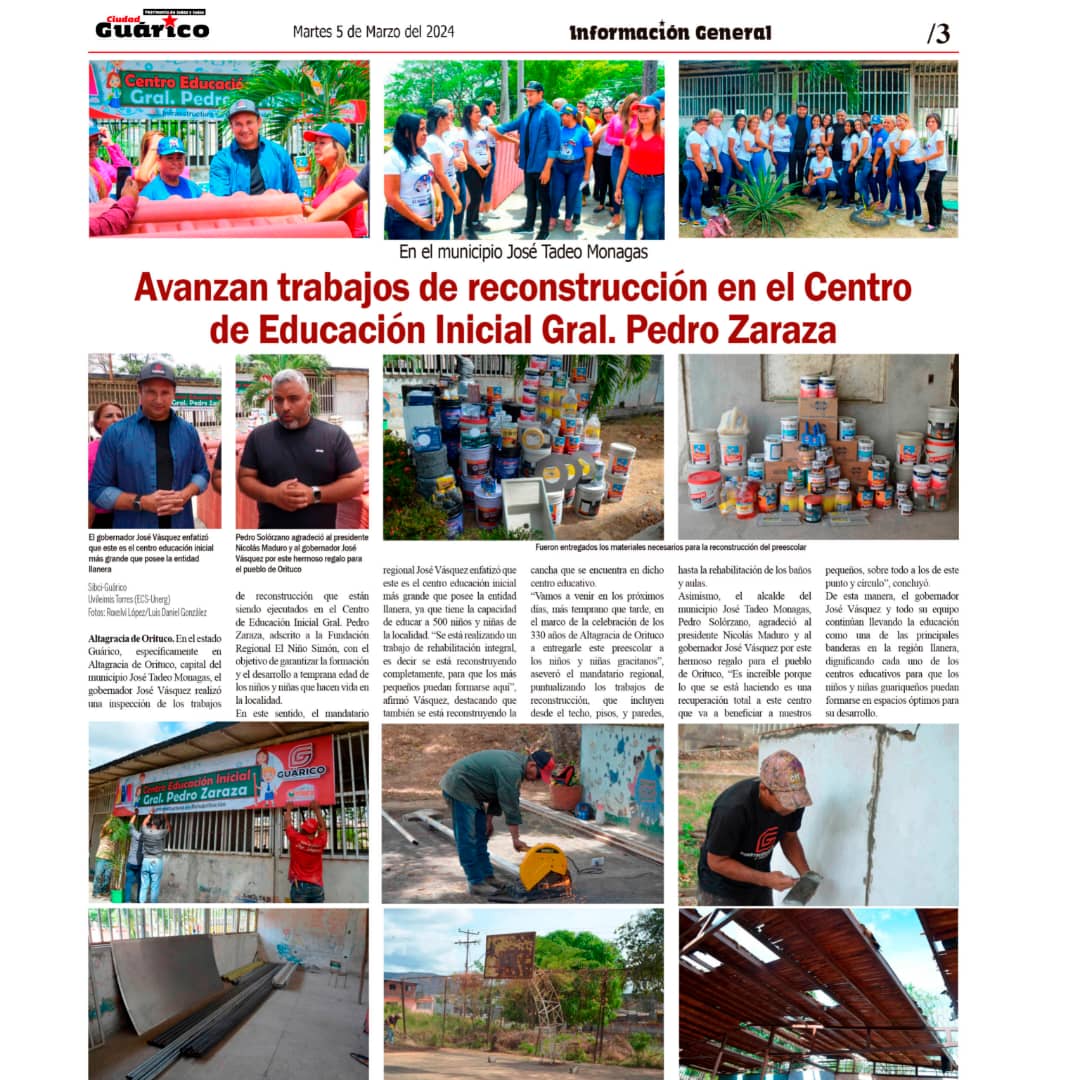 #EducaciónEsNoticia 📰🗞️
Avanzan trabajos de reconstrucción en el Centro de Educación Inicial Gral. Pedro Zaraza.
<a href="/NicolasMaduro/">Nicolás Maduro</a>
@MPPEDUCACION
<a href="/_LaAvanzadora/">Yelitze Santaella</a>
<a href="/Gob_Guarico/">Gobierno de Guárico</a>
<a href="/josemvasquez/">José Vásquez</a>
<a href="/CDCEGuarico/">CDCE del Estado Guárico</a>
<a href="/EliasEducacion1/">Elías Zurita</a> 
#AmorIrreductibleYEterno