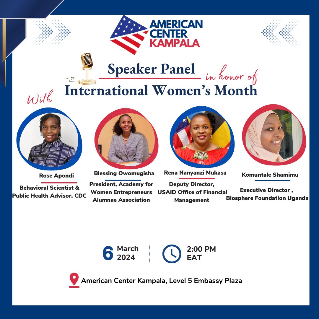 Are you a university student or a member of the @USAlumniUganda community? If yes, you are invited to #AmericanCenterKampala for a panel discussion with remarkable women in their fields on March 6 from 2-4pm to celebrate International Women's Day. Register for this hybrid event