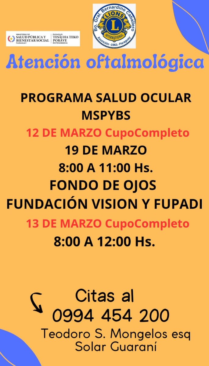 Lpara el mes de marzo en el Club de Leones Bernardino Caballero están previstos las atenciones Oftalmológicas en el siguiente calendario🦁🦁 #weServe