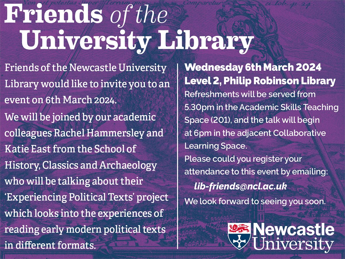 Newcastle Uni Special Collections & Archives (@ncllibspeccoll) on Twitter photo Still spaces left to Join Friends of the University Library in a talk by Rachel Hammersley & Katie East from
<a href="/historyNCL/">History at Newcastle</a> on their Experiencing Political Texts project
6th March
Talk starts @ 6pm, Collab Learning Space L2 <a href="/libraryncl/">Newcastle University Library</a>
Email lib-friends@ncl.ac.uk to register Still spaces left to Join Friends of the University Library in a talk by Rachel Hammersley & Katie East from
<a href="/historyNCL/">History at Newcastle</a> on their Experiencing Political Texts project
6th March
Talk starts @ 6pm, Collab Learning Space L2 <a href="/libraryncl/">Newcastle University Library</a>
Email lib-friends@ncl.ac.uk to register