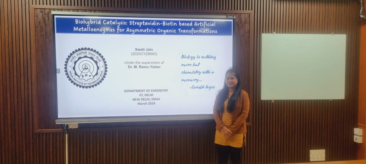 MRY Research Group (@groupmry) on Twitter photo Swati Jain delivered a talk entitled "Biohybrid Catalysis: Streptavidin-Biotin based Artificial Metalloenzymes for Asymmetric Organic Transformations" in Graduate Student Seminar series conducted in Department of Chemistry, IIT Delhi. <a href="/snswati26/">Swati Jain</a> <a href="/Chemistry_iitd/">Chemistry_IIT Delhi</a> Swati Jain delivered a talk entitled "Biohybrid Catalysis: Streptavidin-Biotin based Artificial Metalloenzymes for Asymmetric Organic Transformations" in Graduate Student Seminar series conducted in Department of Chemistry, IIT Delhi. <a href="/snswati26/">Swati Jain</a> <a href="/Chemistry_iitd/">Chemistry_IIT Delhi</a>