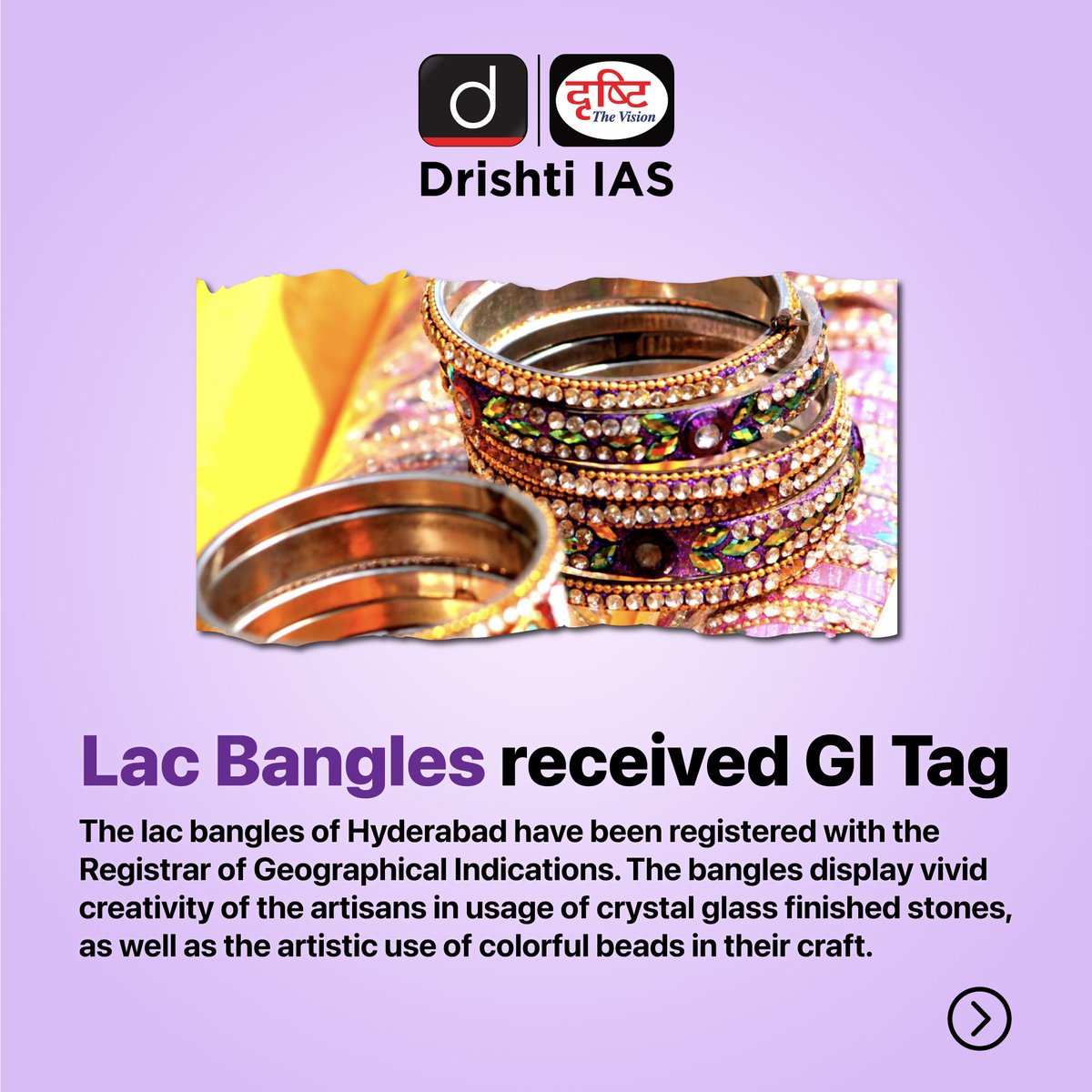 drishtiiaseng's tweet photo. Hyderabad's iconic lac bangles have finally received the GI tag.
#LacBangles #Bangles #GITag #Hyderabad #Craft #Heritage #IncredibleIndia #CulturalHeritage #IndianJewellery #Geographic #Importance #Food #Haleem #Biryani #ShahiTukda #IAS #DrishtiIAS #DrishtiIASEnglish https://t.co/KKaE4Ymts7