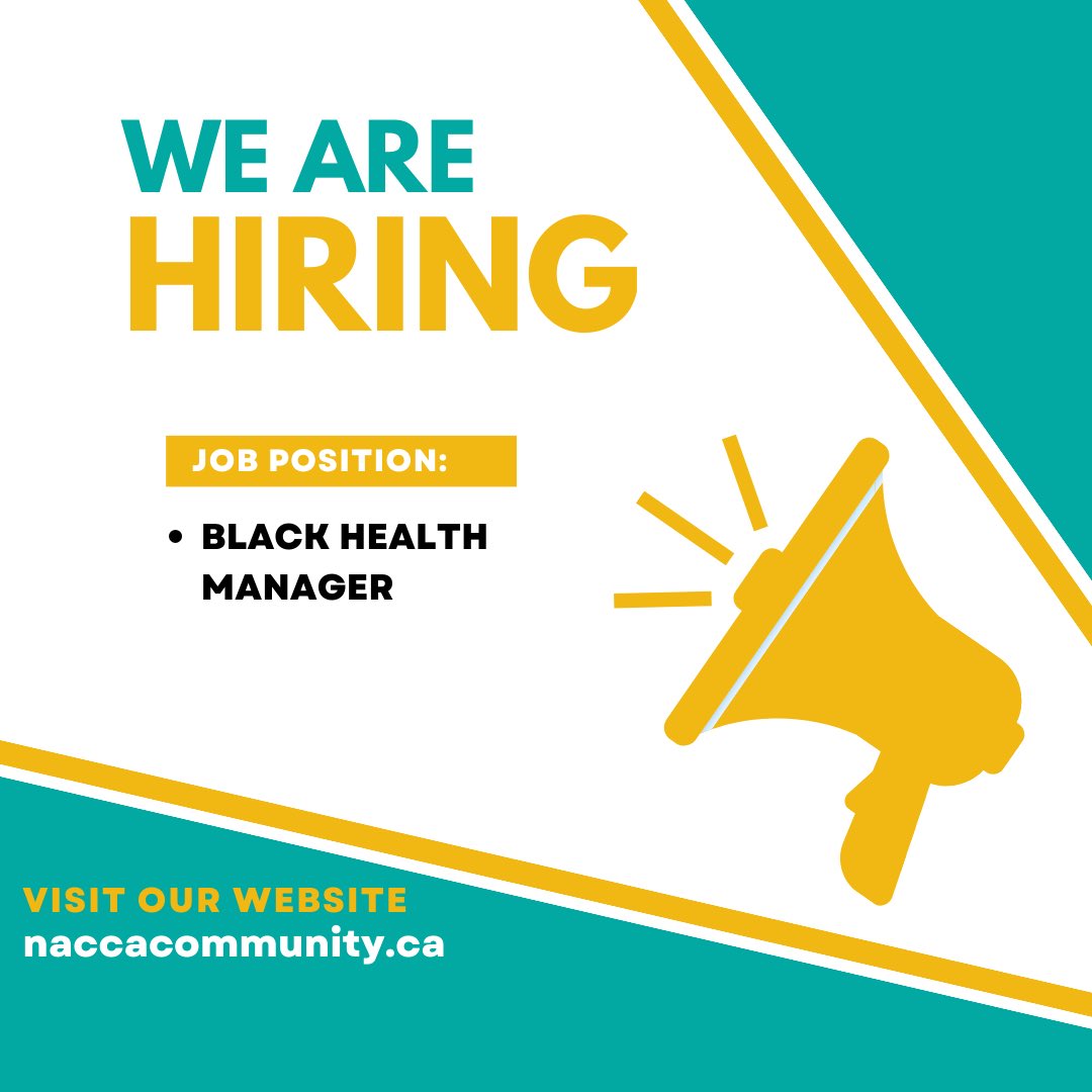 The Blk Health Manager will supervise a team that provides culturally responsive services & care to youth and adults from Blk communities. They will ensure that the program delivers care within an African centred model. Full job descriptions here: naccacommunity.ca/careers.html.