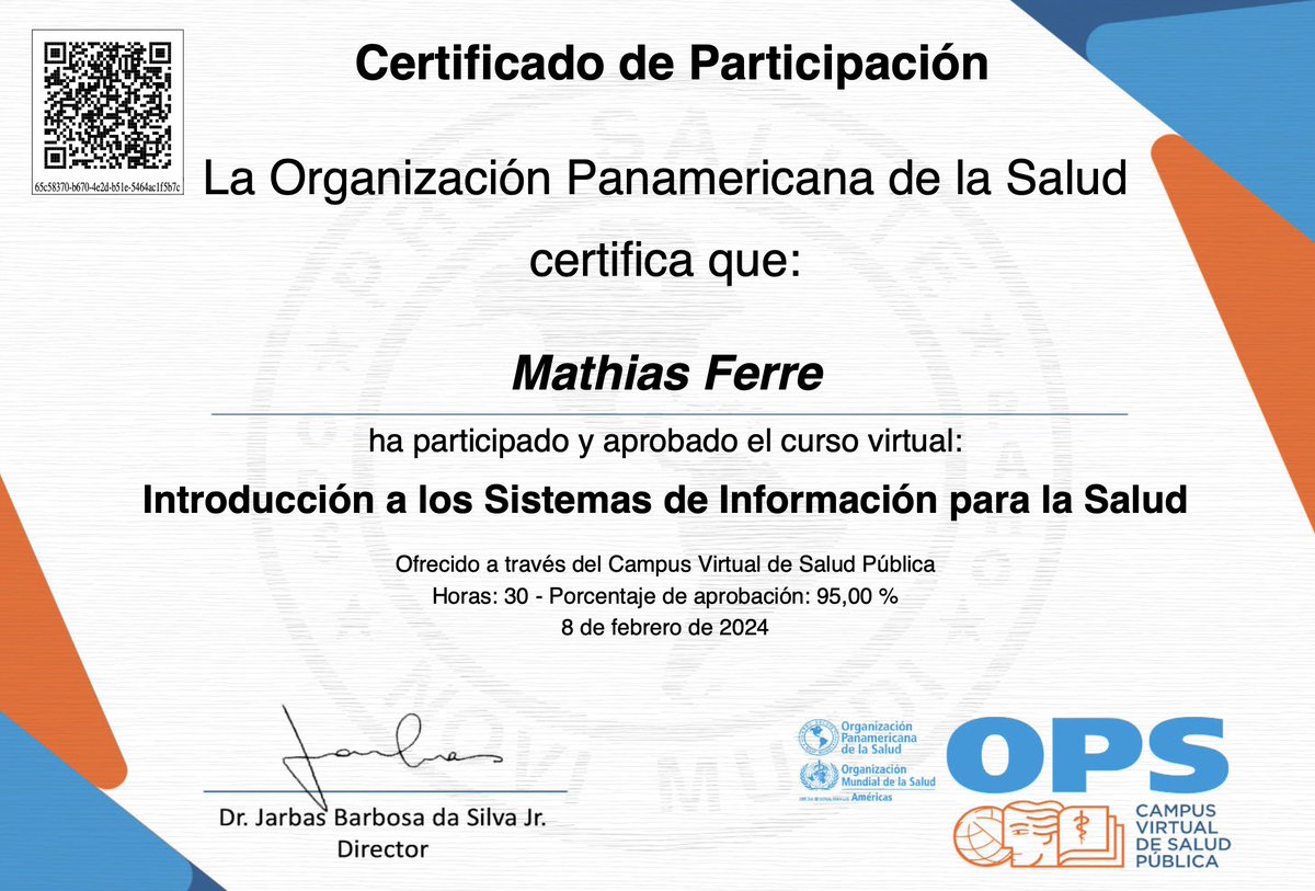 #SistemasDeInformaciónDeSalud.
Sumando a través del certificado "Acceso y uso de la información científica en salud". 
Muchas gracias a la <a href="/opsoms/">OPS/OMS</a>

#Medicina  #Tecnología #HealthTech #InformaciónDeSalud 
#IA
#Telemedicina #Telemedicine #SaludDigital #Salud