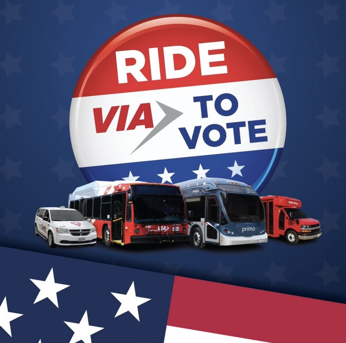 📢 Please Share #RideVIAtoVote for the Texas primary election on Tuesday, March 5. 🚍 🗳️ @viatransit will offer fare-free rides on regular bus, VIA Link, and VIAtrans paratransit service to passengers who present a valid voter registration card. Visit VIAinfo.net