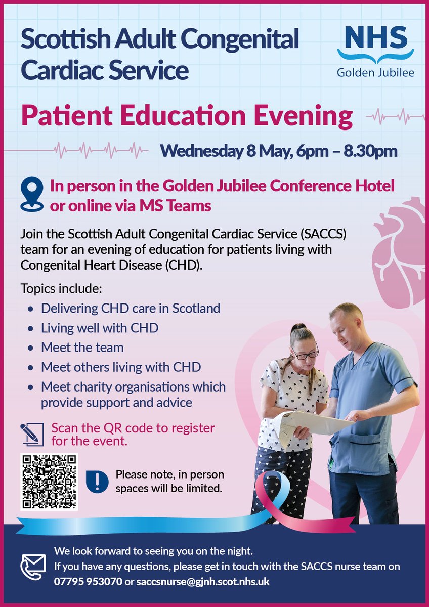 Our Scottish Adult Congenital Cardiac Service #SACCS team are hosting an education evening in May for patients living with congenital heart disease #CHD.
To register your place, visit👉 eventbrite.co.uk/e/scottish-adu…