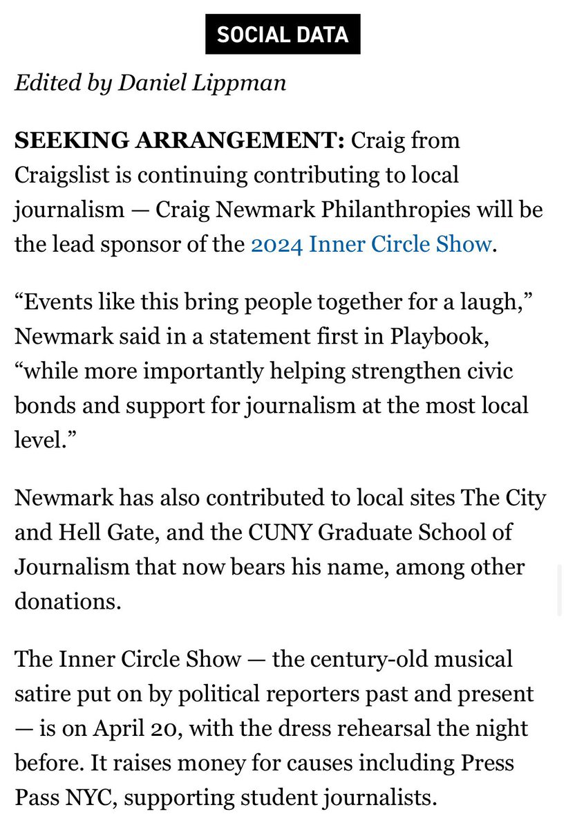 Bravo @craignewmark! His foundation, Craig Newmark Philanthropies, has signed on as the lead sponsor of the Inner Circle Show. The annual @InnerCircleNY musical comedy roast of New York’s politicos is on—April 19, 20th at the Ziegfeld! Tickets at innercircleshow.com