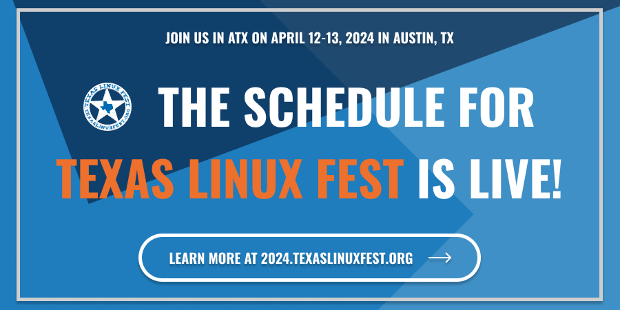 Check out the schedule for #TXLF 2024 and join us April 12-13 at the Palmer Events Center in Austin, TX! 2024.texaslinuxfest.org/schedule/