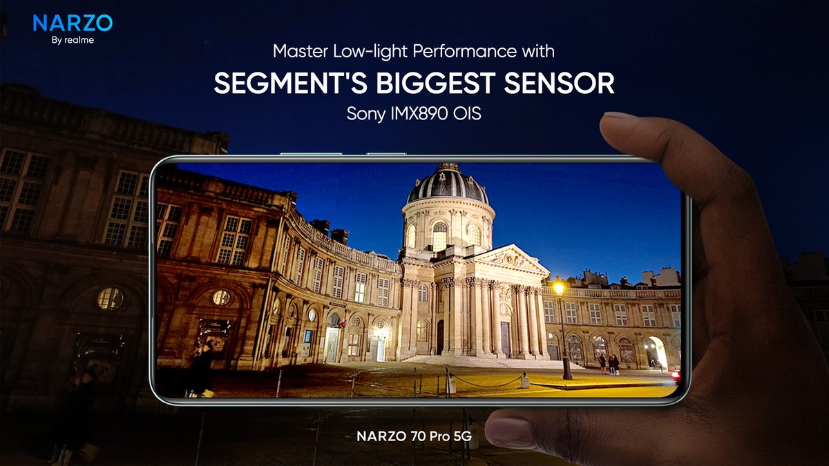 realmenarzoIN's tweet image. If the Master of Low-Light Performance had a name, it would be #NARZO70Pro5G, courtesy of its SONY IMX890 OIS Camera.

Tag a friend and share what they are the master of!

Discover more: amzn.to/3OPGZ2D

#BetterCamera