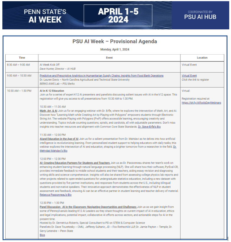 pennstateCSATS's tweet photo. 🧑💻Educators, join us for impactful #AIweek24 journey as we gain insight from PA's leading CS/AI experts (4/1-4/5). 💥Webinars | Panel Discussions |HS Hackathons |This will be an event you won't want to miss. #CSinPA #AI #K12 Details and registration > https://t.co/Ktrvtu4iur https://t.co/YHX5mgOuNy