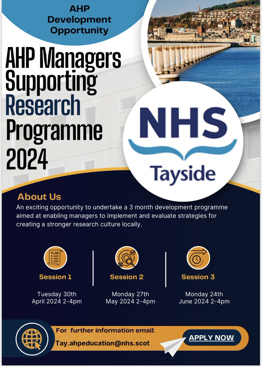 Applications are open for the @NHSTayside AHP managers supporting research programme - a 3 month development programme enabling managers to create a stronger research culture within their teams. Interested? Comment below for further information!