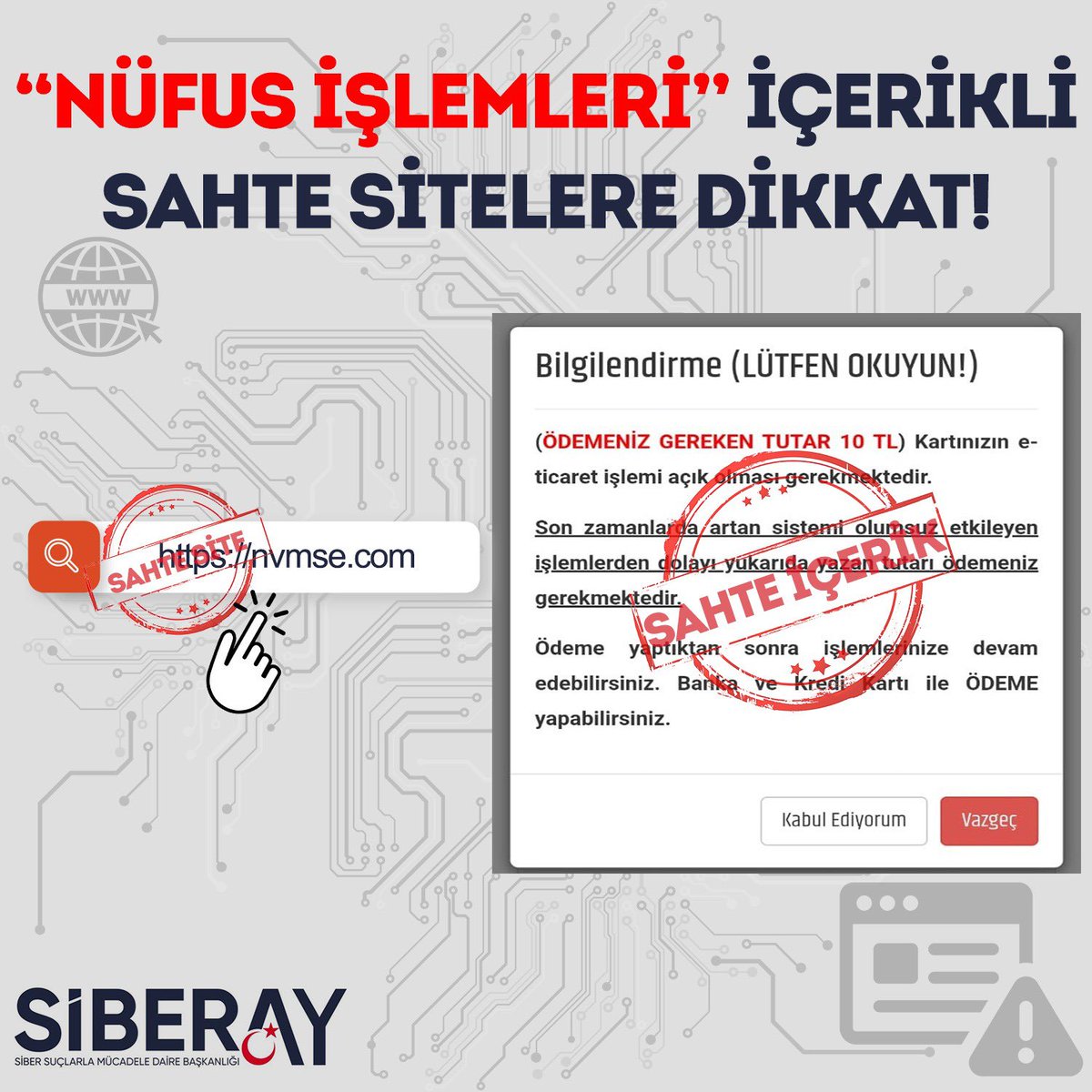 🎣“Nüfus işlemleri, randevu” başlıklarıyla iletilen sahte içeriklere ve randevu için ödeme talep eden taklit internet sitelerine DİKKAT⚠ ❌Sahte sitelerde işlem/ödeme yapmayın. ✅İşlemleriniz için resmî internet sitesi👇 🔗randevu.nvi.gov.tr #SİBERAYUyarıyor #SİBERAY🌙