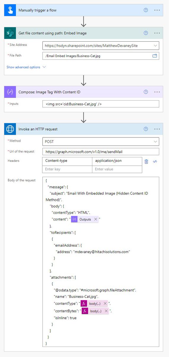 mattbdevaney's tweet image. Missing #PowerAutomate actions can often be done with #MSGraph. 🤖 💭
I use code to send email with an inline embedded image. It is compatible with all mail clients. 📫