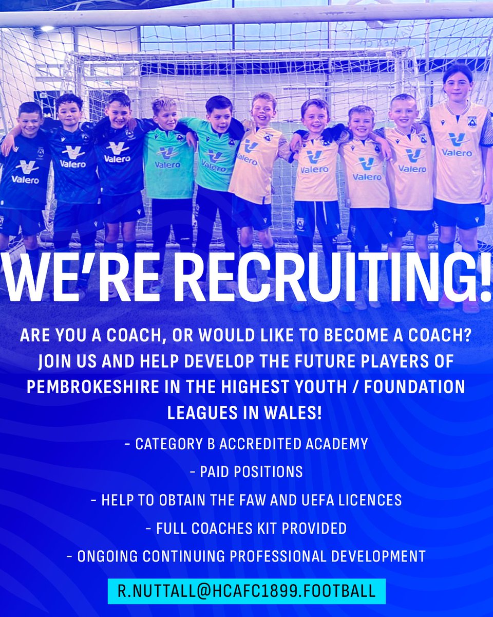 We're on the lookout for coaches to join the @HCAFCAcademy setup! 🚨 📩 To express your interest, please email r.nuttall@hcafc1899.football