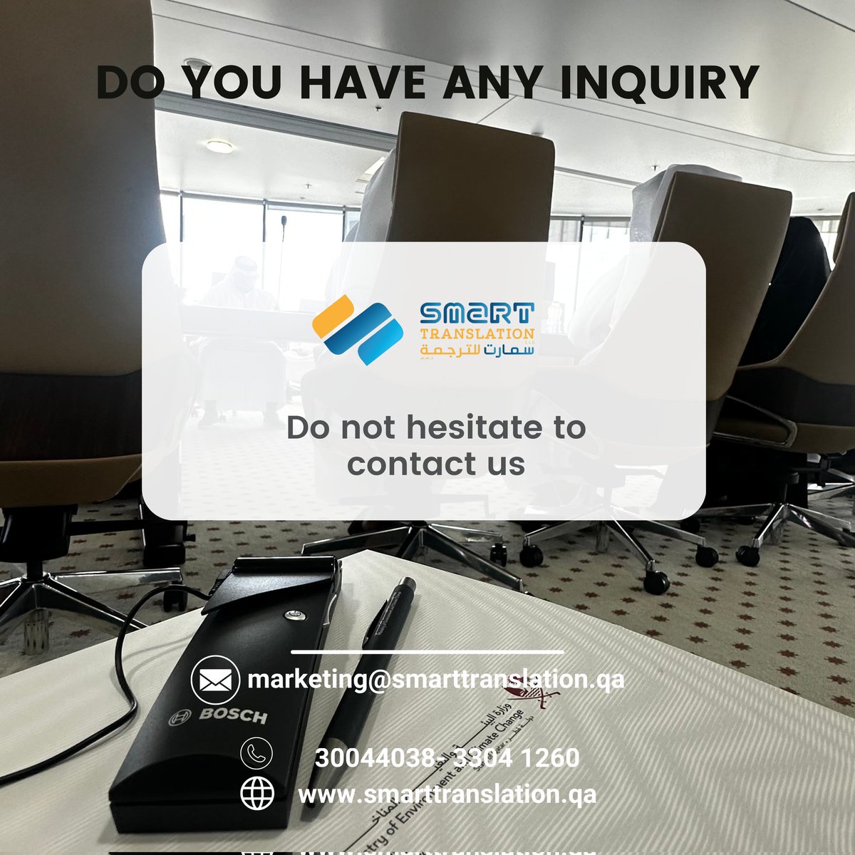 SmartTrans_Qa's tweet image. Got questions? Reach out anytime! Contact us via phone or email for any inquiries. Smart Translation LLC is here to help! 📞📧 #SmartTranslation #ContactUs #TranslationServices