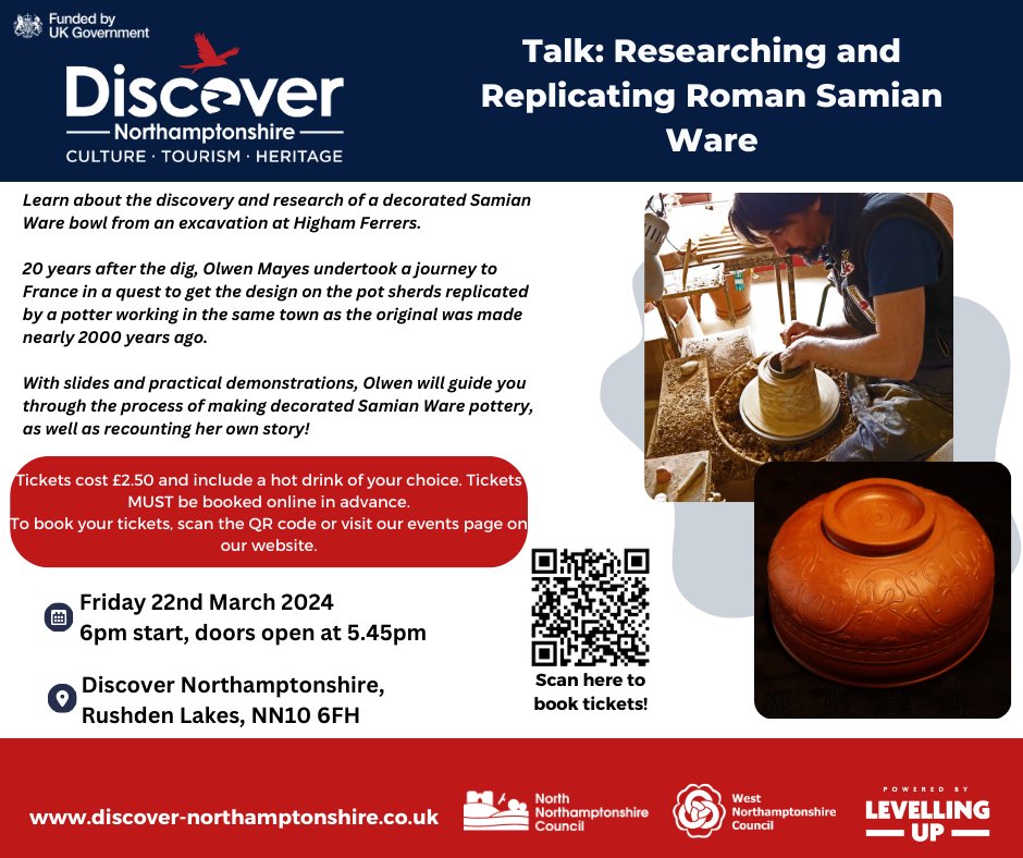 Why not book tickets to our evening talk? Discover how Samian Ware led Olwen Mayes on a journey of a lifetime! Booking is essential - book your tickets by either scanning the QR code or using the link in our bio. #DiscoverNorthamptonshire @NNorthantsC