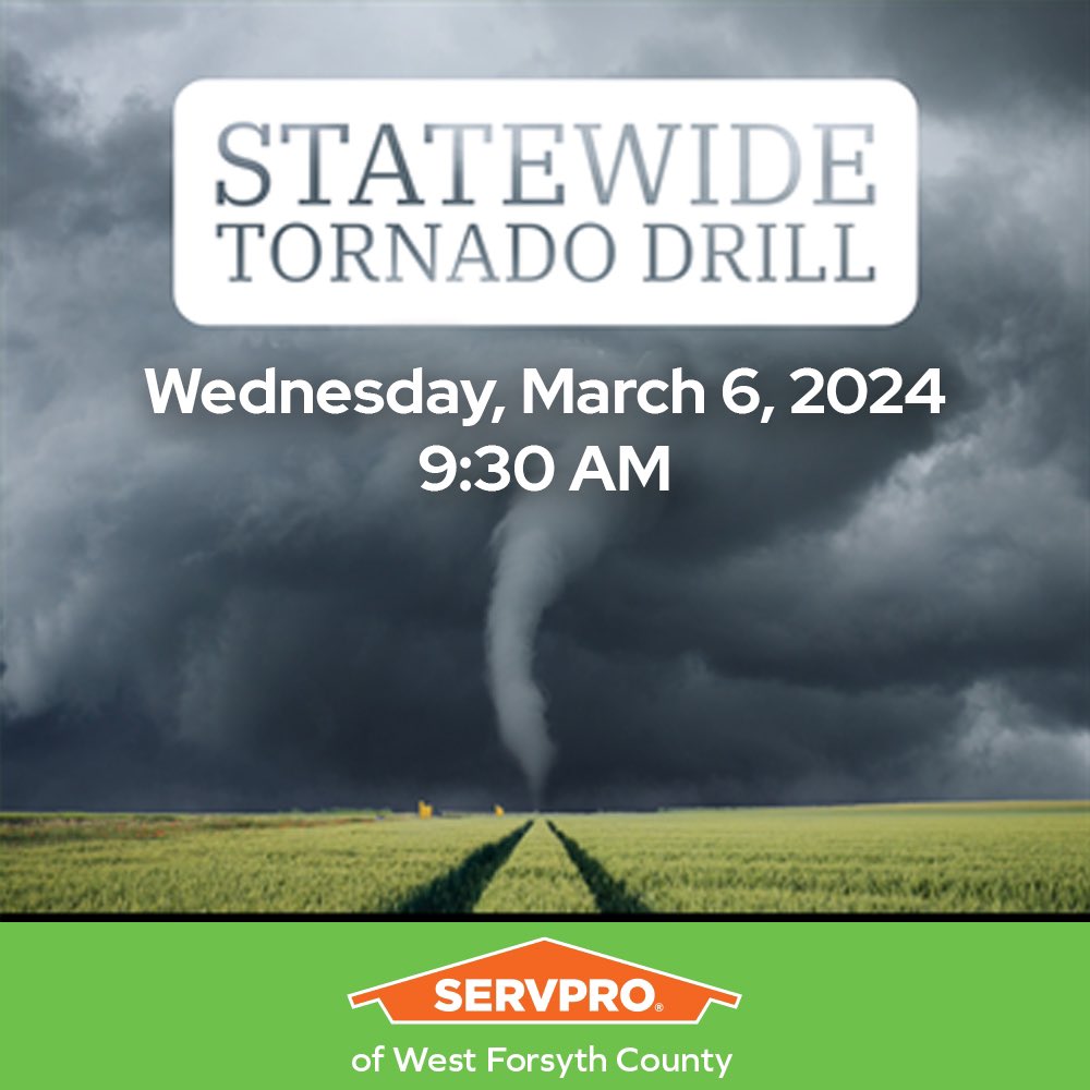 The 2024 Statewide Tornado Drill is Scheduled for 9:30 AM on Wednesday, March 6, NC Severe Weather Preparedness Week is March 3-9, 2024. Prepare NOW for the severe weather #SERVPRO #heretohelp
