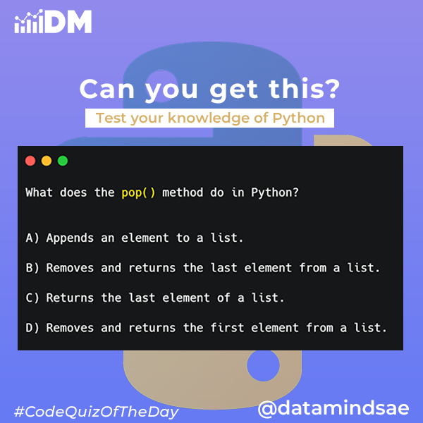 Thrive_Links's tweet image. Let&apos;s test your knowledge of Python.
#CodeQuizOfTheDay 

#python #programming #developer #morioh #programmer #webdev #webdeveloper #webdevelopment #pythonprogramming #pythonquiz #ai #ml #machinelearning #datascience #CONNECT #100DaysOfCode