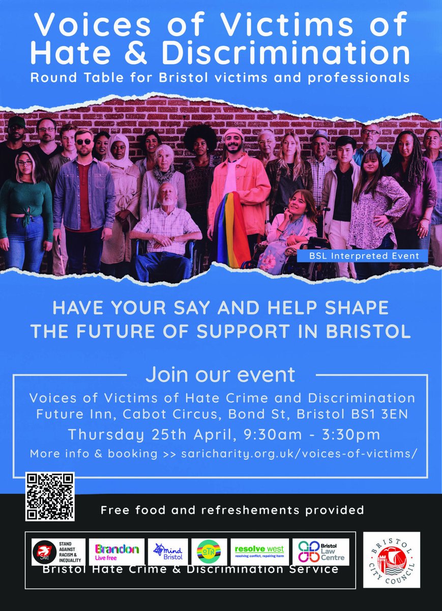 Bristol Hate Crime and Discrimination Service, a partnership of 6 organisations, are hosting an event for people with lived experience to have their voices heard and discuss how to improve the city's response. Thurs 25th April 9.30 - 3.30 The Future Inn saricharity.org.uk/voices-of-vict…
