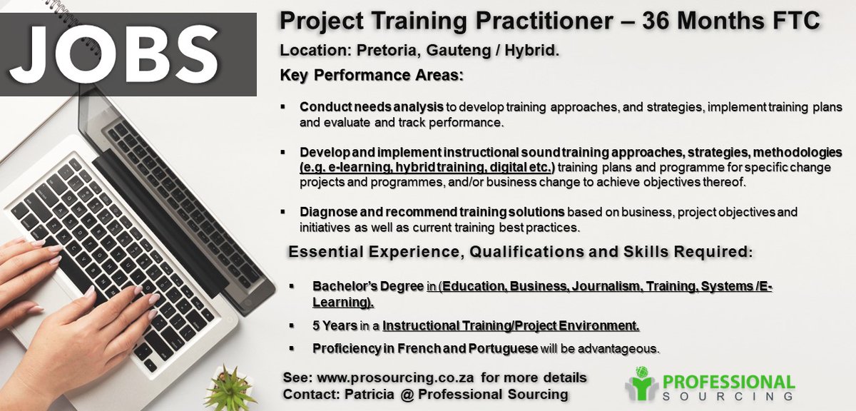 ProSourcingZA's tweet image. Project Training Practitioner – 36 Months FTC

A blue-chip financial services group has a job opportunity available for an experienced Training Practitioner for a 3 Year Fixed Term Contract.
#ProjectTraining #practitioner #prosourcing
Please see the advert for more info ℹ️