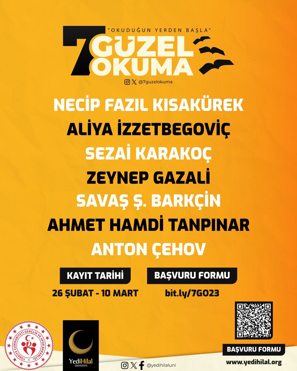 📚📖 ❝Okuduğun Yerden Başla"

📢 7 Güzel Okuma Başlıyor

📌 Kayıt için:👉 bit.ly/7GO23

🗓 Son başvuru tarihi: 10 Mart
#GSBGM