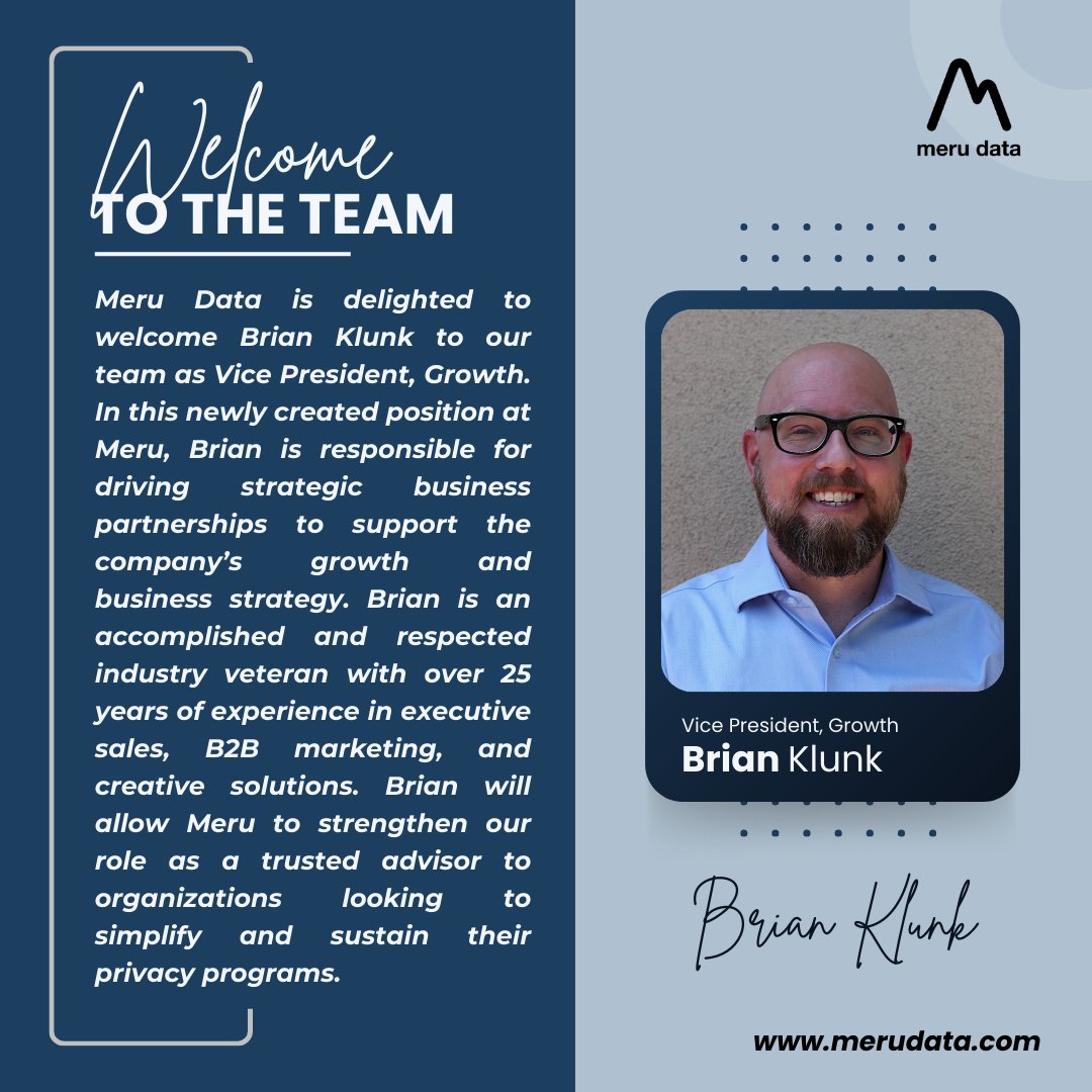 merudata's tweet image. We are so happy to welcome Brian Klunk to the Meru Data team. Looking forward to this fruitful partnership.

Welcome to the team! 🚀🌐

#MeruData #WelcomeBrianKlunk #VPofGrowth #StrategicPartnerships #BusinessStrategy #PrivacyPrograms #TrustedAdvisor