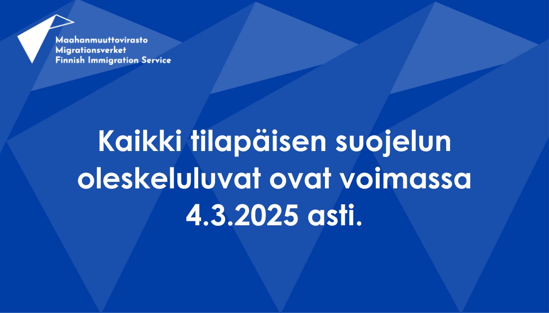 Kaikki tilapäisen suojelun oleskeluluvat ovat voimassa 4.3.2025 asti. Asiakas oleskelee ja työskentelee Suomessa laillisesti 4.3.2025 asti, vaikka hänen oleskelulupakortissa olisi päättymispäivämäärä 4.3.2023 tai 4.3.2024. 👉 migri.fi/-/yhteistyokum…