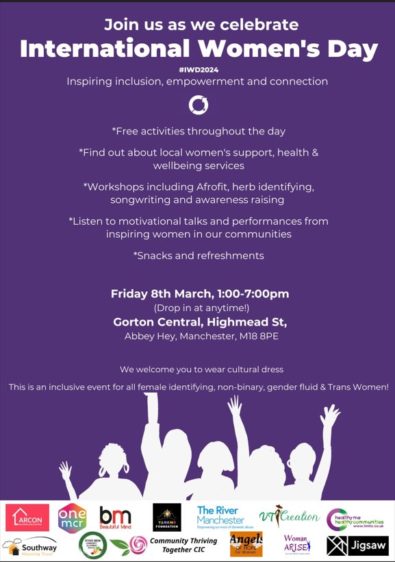 We are jointly running a International Women's Day event this Friday 8th March! Come along to enjoy activities,talks,access information and celebrate together @Arconhousing @TheRiverMCR @AngelsOfhopeFo1 @WomanARise7 @OneMcr @JigsawHG @SouthwayHousing @MCCGortonAHey @BeautyMindtv