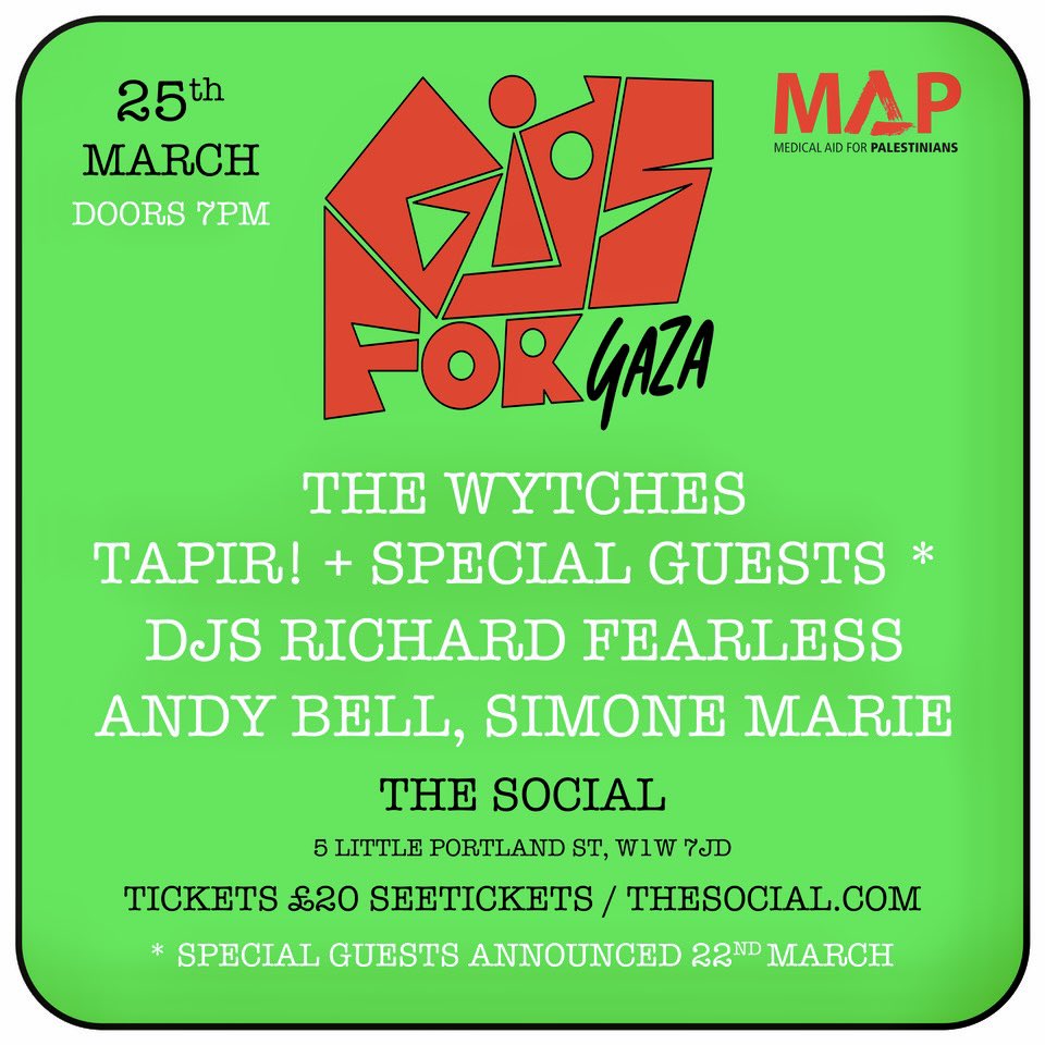 join us in March 25th @thesocial for a night of solidarity and music . All money raised will go to @MedicalAidPal X tickets here >> bit.ly/435LYCa