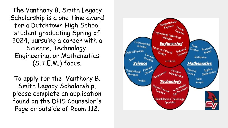 Seniors! We are now accepting applications for the Vanthony B. Smith Legacy Scholarship. Please visit the Counselor's webpage or see Ms. Johnson for more info.