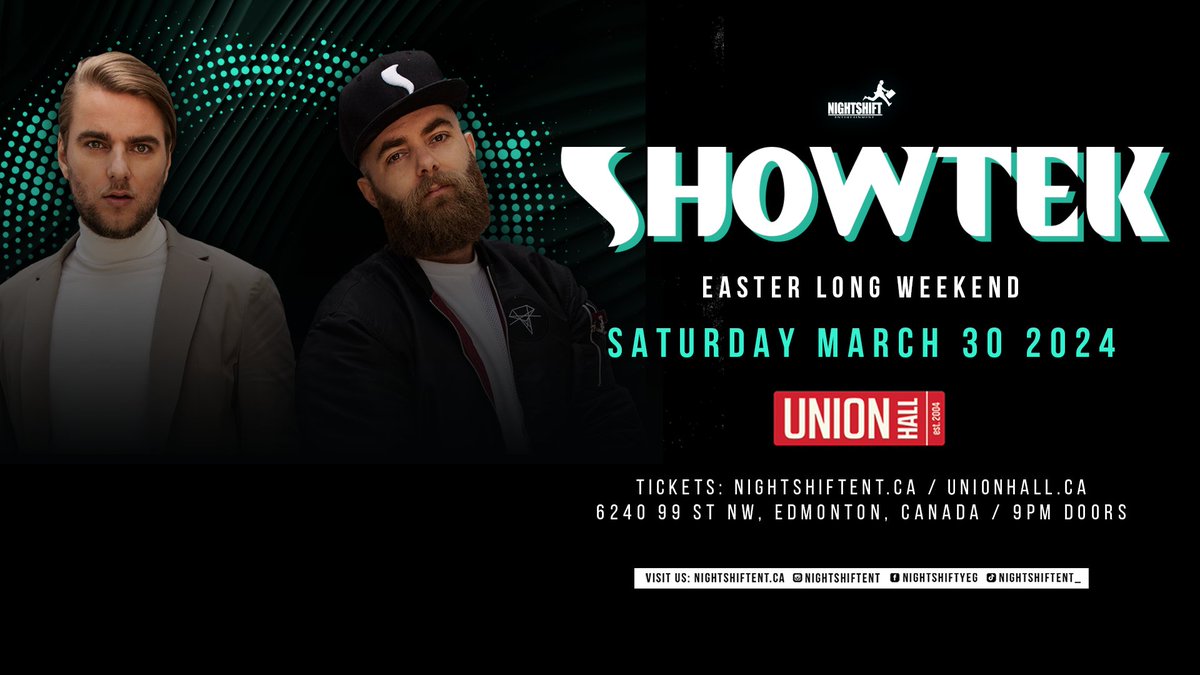 Do you want to celebrate Easter weekend with us? 🥚 📍 We're performing this Saturday in Edmonton, @ Union Hall! Get your tickets now, via this link: ticketweb.ca/event/showtek-… See you there! 👋🏽🫶🏽