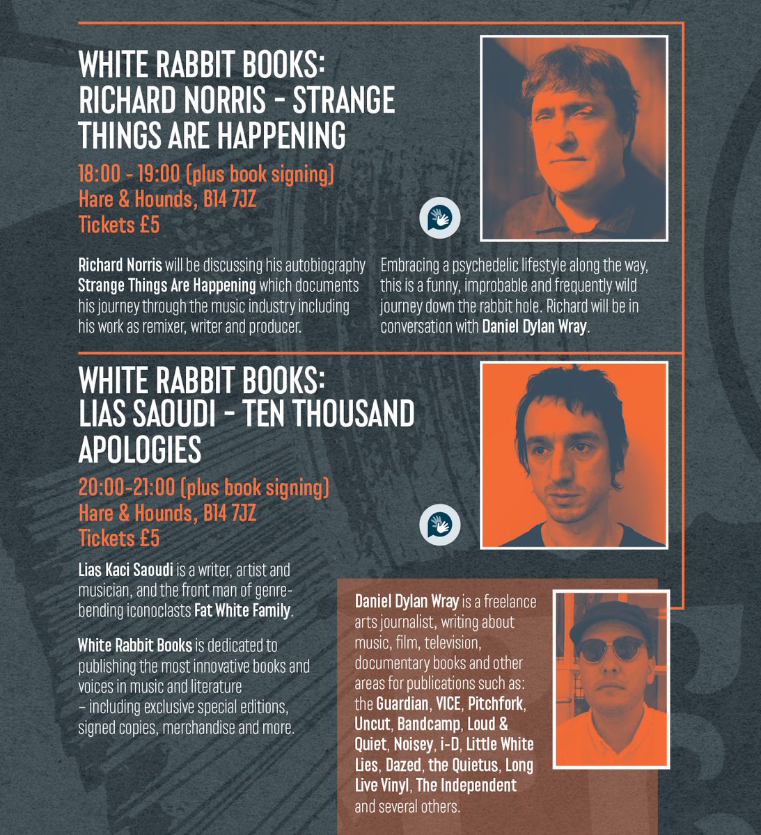 @hareandhounds On Fri 19 April @hareandhounds, we've got a WR double header for this new festival... 6-7pm: @MrRichardNorris the-heath-bookshop.eventcube.io/events/56761/w… 8-9pm: Lias Saoudi (@FatWhiteFamily) the-heath-bookshop.eventcube.io/events/56762/w… They'll both be in conversation with @DanielDylanWray, follow by signing ✍️