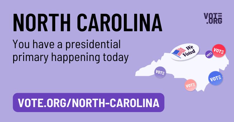 votedotorg's tweet photo. North Carolina! You have a presidential primary happening today. Polling place locations are open from 6:30 a.m. - 7:30 p.m. Remember, if you're in line by 7:30 p.m. - stay in line!  You'll be able to vote. 🗳️ https://t.co/VBmNYctKzF