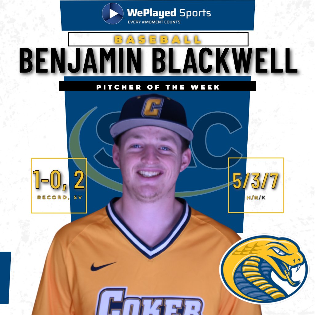 ⚾️ 𝗕𝗮𝘀𝗲𝗯𝗮𝗹𝗹 𝗣𝗹𝗮𝘆𝗲𝗿 𝗮𝗻𝗱 𝗣𝗶𝘁𝗰𝗵𝗲𝗿 𝗼𝗳 𝘁𝗵𝗲 𝗪𝗲𝗲𝗸 SAC @WePlayed Baseball Player and Pitcher of the Week Player - @LimestoneSaints Barnette Pitcher - @Coker_Cobras Blackwell 📰: thesac.com/x/87582 #MakeSACYours #SACBSB