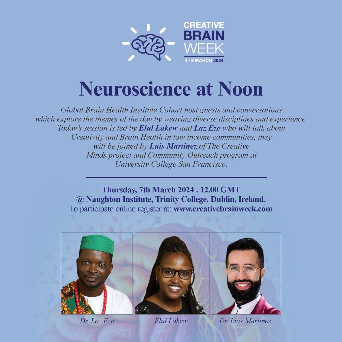 On Day 4 of the #CreativeBrainWeek, Ethiopia's @ElulDereje & Nigeria's @donlaz4u will be speaking on Advancing Brain 🧠 Health in Africa through Creativity. You may participate online, click creativebrainweek.com to register. #goodbraingoodlife #goodlifegoodbrain