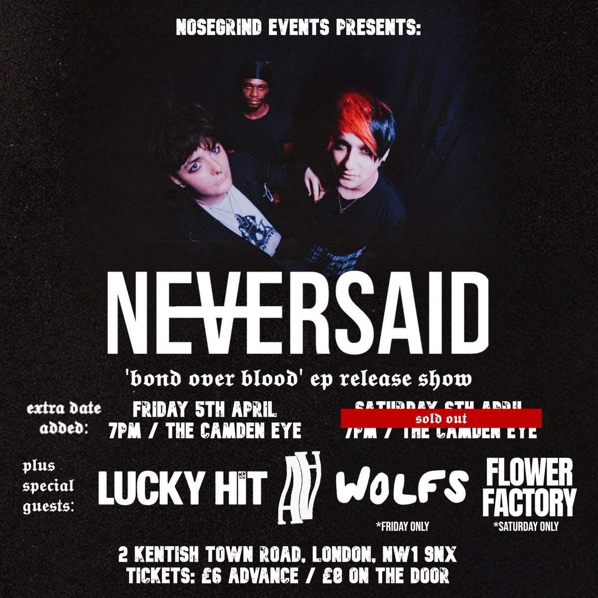 𝖘𝖚𝖕𝖕𝖔𝖗𝖙𝖘 𝖆𝖓𝖓𝖔𝖚𝖓𝖈𝖊𝖉
Joining us for both nights of our EP release celebration are @luckyhituk and @doubleauk. Night 1, we will also be joined by <a href="/WOLFStheband/">WOLFS</a>, with <a href="/flowerfactoryx/">Flower Factory</a> joining us for a SOLD OUT night 2! Ticket link in bio! 🖤